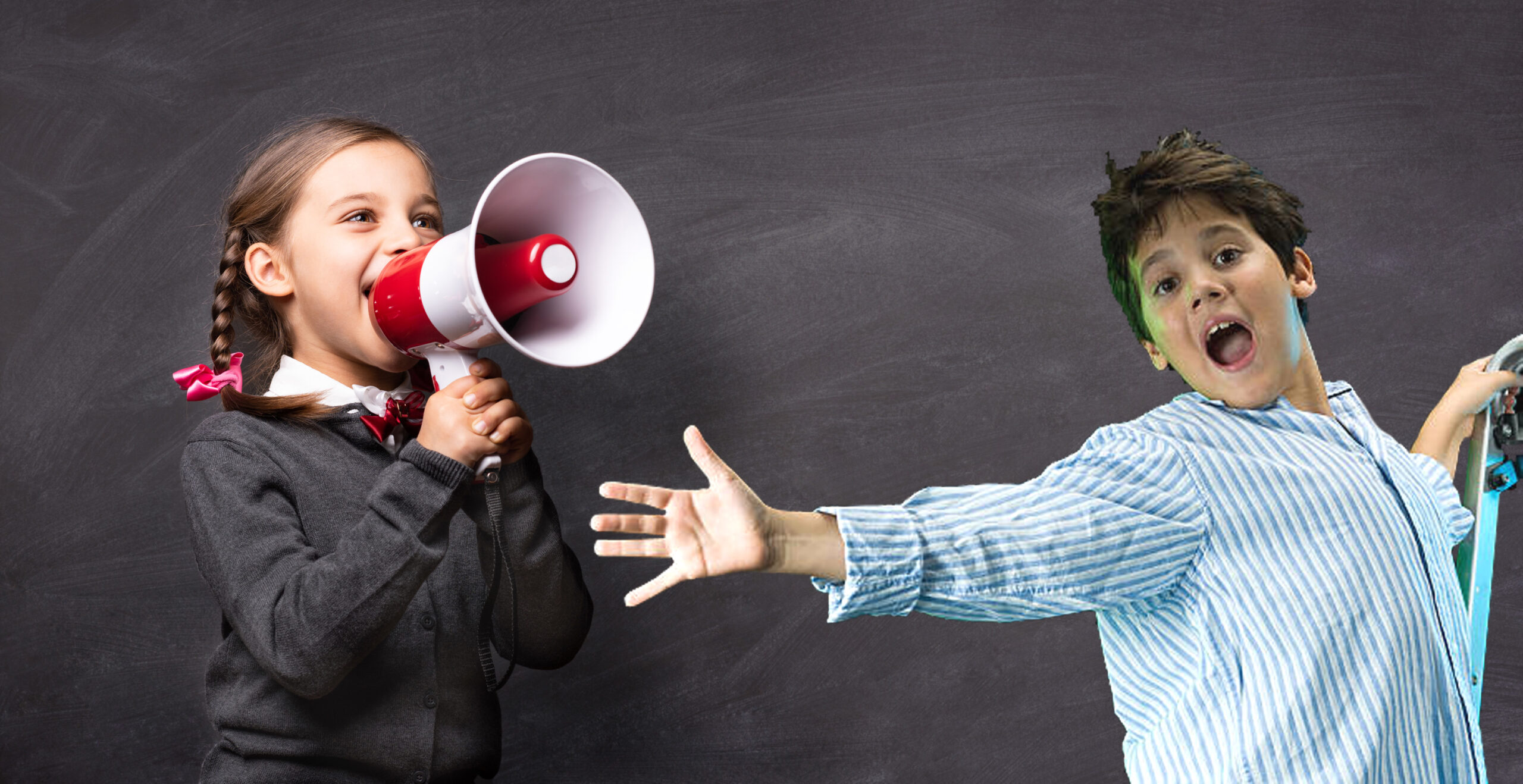 Child Girl Student Shouting Through Megaphone on Blackboard Backdrop with Available Copy Space. Back to School Concept.